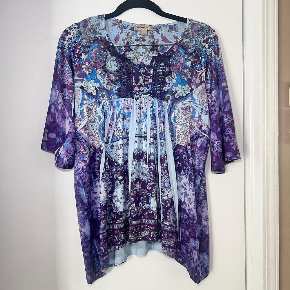 ✨Live and Let Live Perigee Boho Paisley ¾Sleeve Top — Purple/Blue, Size Petite M